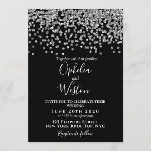 Invitation Confetti Noir & Argent Élégant Mariage moderne