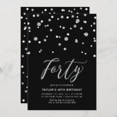 Invitation Confetti Noir & Argent Quarante fête d'anniversair (Devant / Derrière)