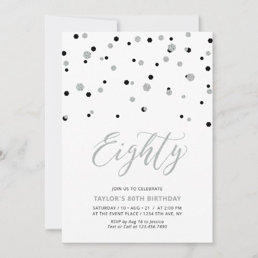 Invitation Confetti Noir & Argent Quatre-vingts 80e anniversa (Devant)