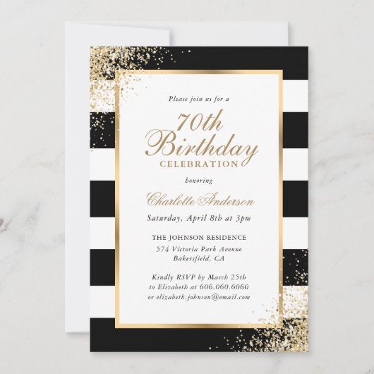 Invitation Confetti Noir Blanc Or 70e anniversaire (Devant)