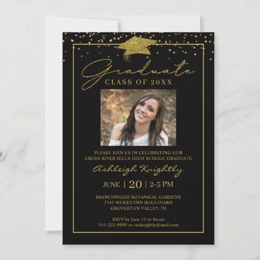 Invitation Confetti Noir Confetti Script Photo Gradué (Devant)