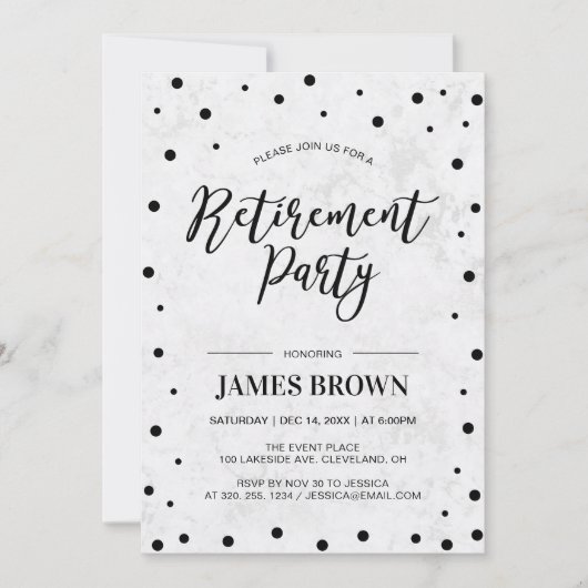 Invitation Confetti noir et marbre | Parti de la retraite mod (Devant)