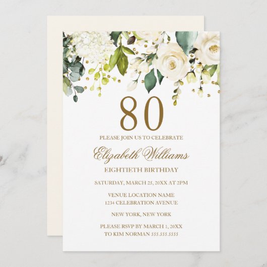 Invitation Confetti or floral blanc 80e anniversaire (Devant / Derrière)