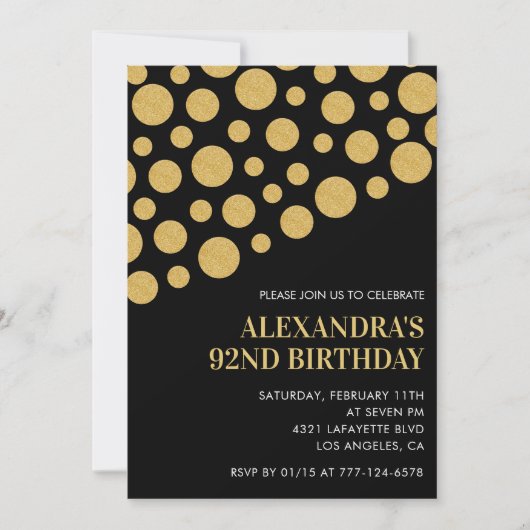 Invitation Confetti Or Noir Chic 92e anniversaire (Devant)