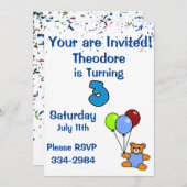 Invitation Confetti, Ours en peluche, Ballons Boys 3e anniver (Devant / Derrière)