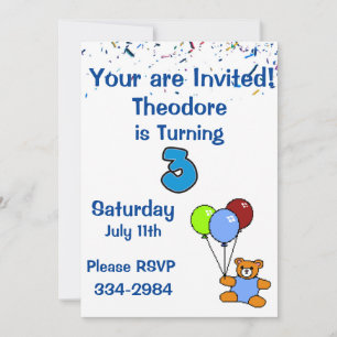 Invitation Confetti, Ours en peluche, Ballons Boys 3e anniver