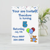 Invitation Confetti, Ours en peluche, Ballons Boys 5e anniver (Debout devant)