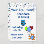 Invitation Confetti, Ours en peluche, Ballons Boys 5e anniver (Devant / Derrière)