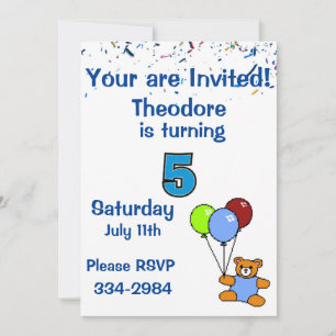 Invitation Confetti, Ours en peluche, Ballons Boys 5e anniver