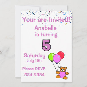 Invitation Confetti, ours en peluche, Balloons Girl's 5th Bir