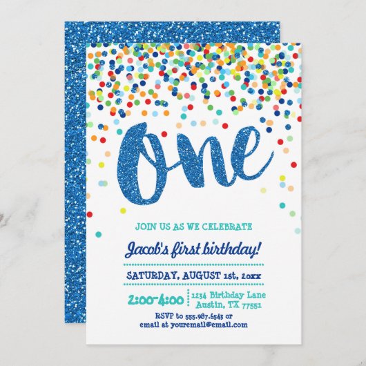 Invitation Confetti Parties scintillant Bleue Première Invita (Devant / Derrière)