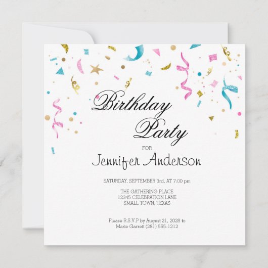 Invitation Confetti Parties scintillant rose et aq (Devant)