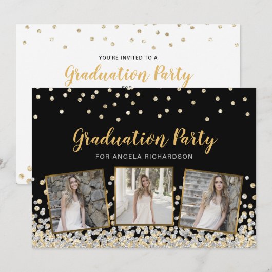 Invitation Confetti Photo Collage Gold Graduation Party (Devant / Derrière)