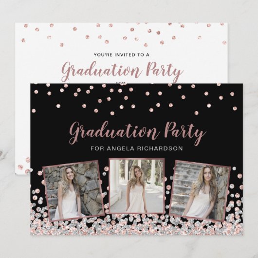 Invitation Confetti Photo Collage Rose Gold Graduation Party (Devant / Derrière)