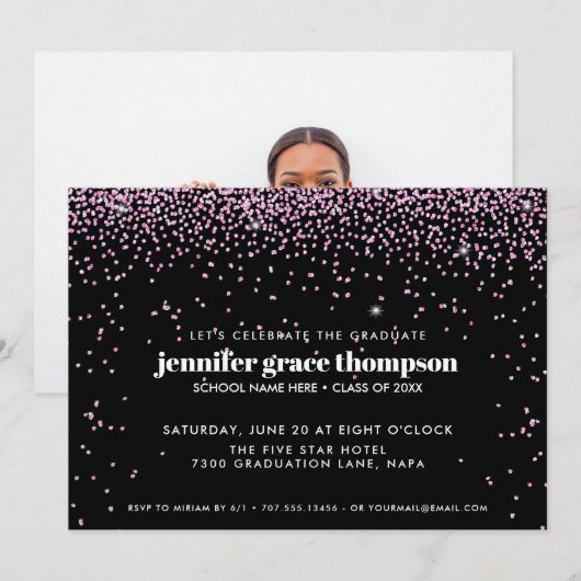 Invitation Confetti Pink and BLACK Photo Graduation Party (Devant / Derrière)