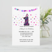 Invitation Confetti Pink Purple 1ère fille d'anniversaire (Debout devant)