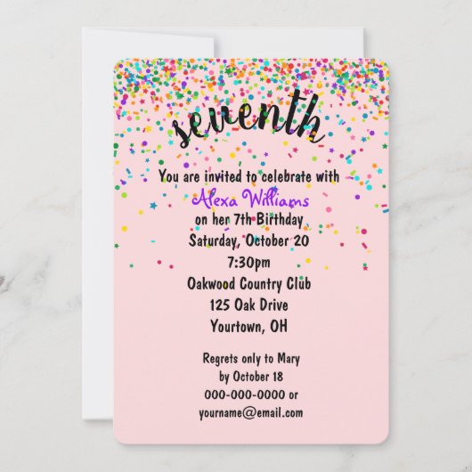 Invitation Confetti pour la fête du 7e anniversair (Devant)