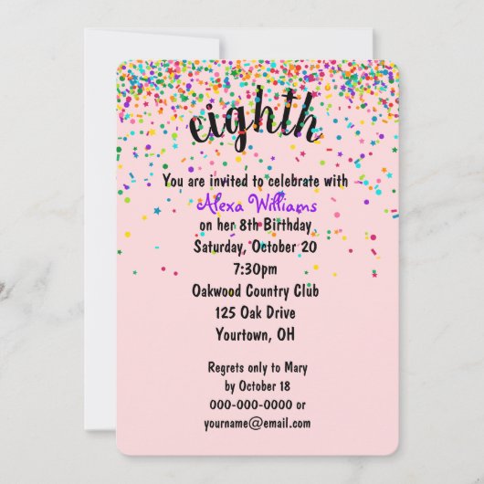 Invitation Confetti pour la fête du 8e anniversair (Devant)