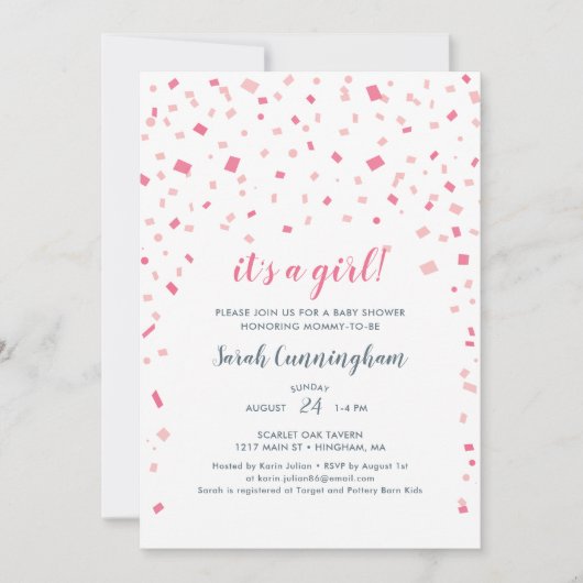 Invitation Confetti rose C'est un Baby shower féminin (Devant)