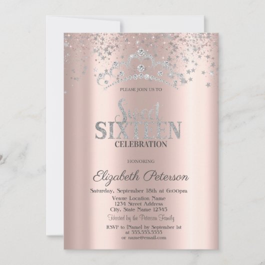 Invitation Confetti Rose d'argent moderne Gold Sweet 16 (Devant)