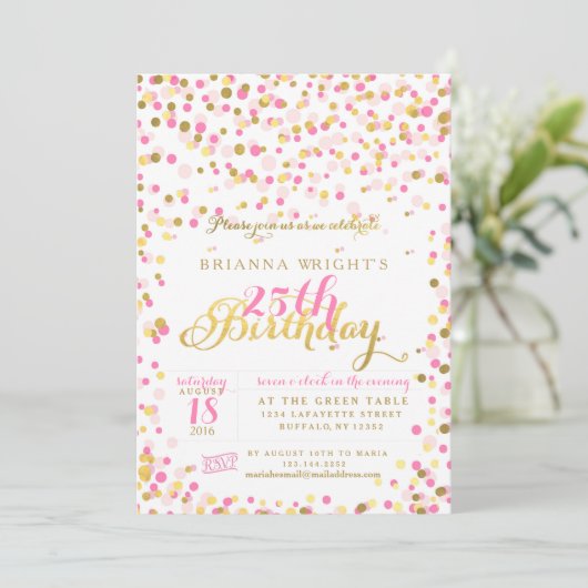 Invitation Confetti rose et Gold Foil (Debout devant)