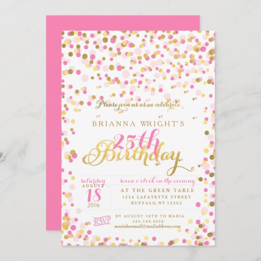 Invitation Confetti rose et Gold Foil (Devant / Derrière)