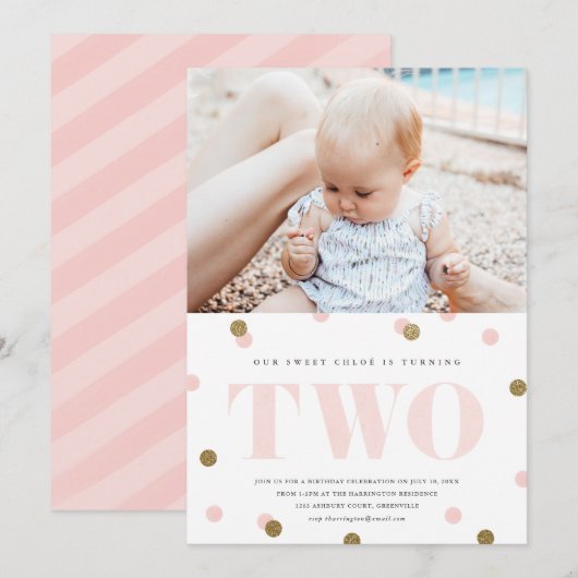Invitation Confetti rose et or deuxième anniversaire (Devant / Derrière)