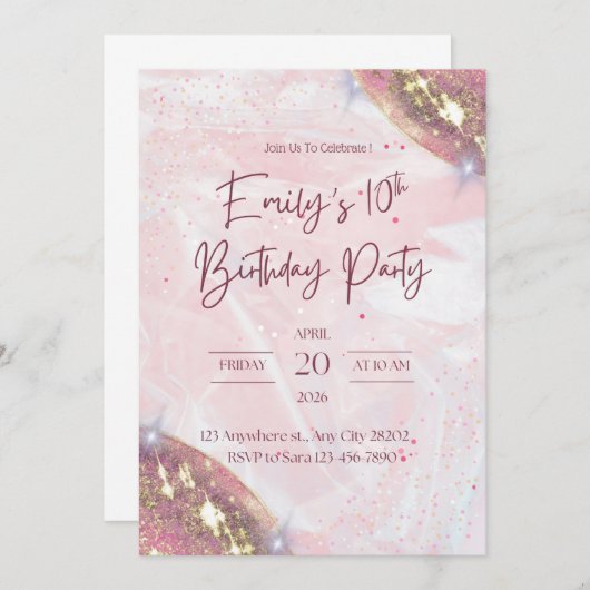 Invitation Confetti rose et or fête d'anniversaire (Devant / Derrière)