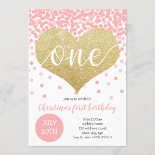Invitation Confetti Rose Gold Heart Une fille Premier anniver