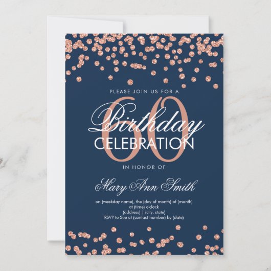 Invitation Confetti Rose Gold Navy Blue 60th Birthday Party (Devant)