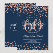 Invitation Confetti Rose Gold Navy Blue 60th Birthday Party (Devant / Derrière)