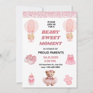 INVITATION CONFETTI ROSE HAUT 5X7 OURS FILLE BAPTÊME DE BÉBÉ