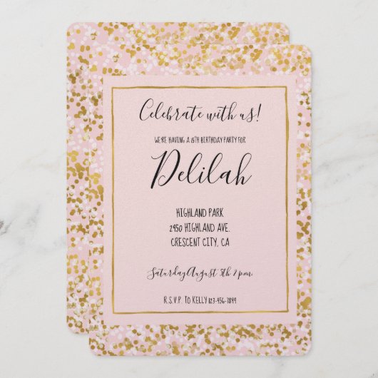 Invitation Confetti rose or (Devant / Derrière)