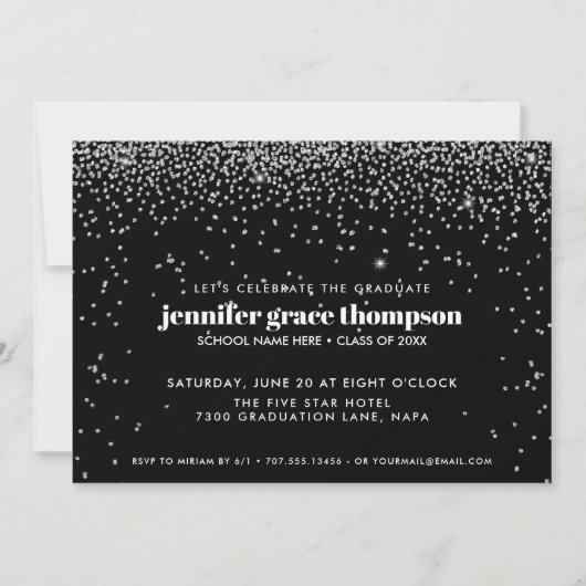 Invitation Confetti Silver and Black Photo Graduation Party (Devant)