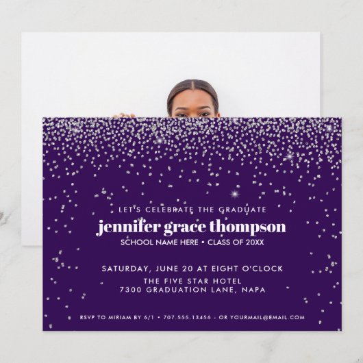 Invitation Confetti Silver and Purple Photo Graduation Party (Devant / Derrière)