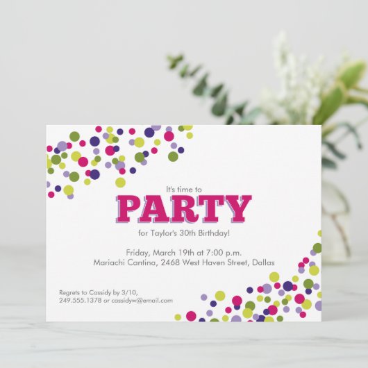 Invitation Confetti Sprinkle Party en violet (Debout devant)