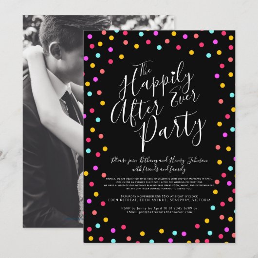 Invitation Confetti sur le noir heureux après la fête de mari (Devant / Derrière)