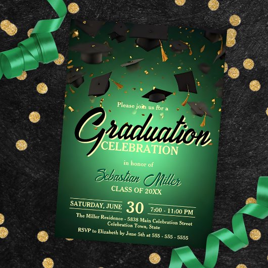 Invitation Confetti vert et fête de la graduation Casquette