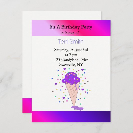Invitation Confetti violet cône de glace (Devant / Derrière)