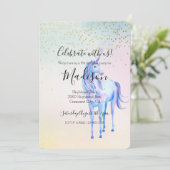 Invitation Confetti violet Unicorne Aqua rose jaune or (Debout devant)