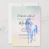 Invitation Confetti violet Unicorne Aqua rose jaune or (Devant)