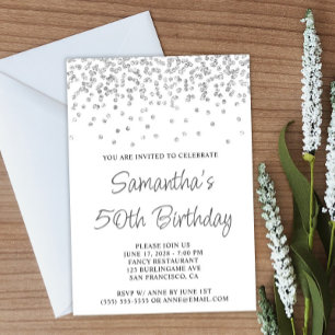 Invitation Confettis Argent Pailletés Blanc 50e Anniversaire