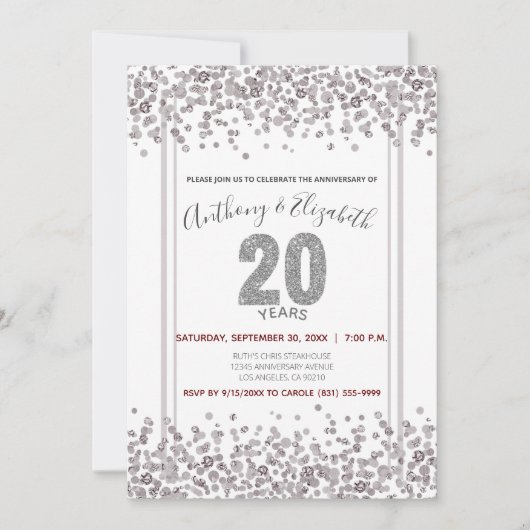 Invitation Confettis Argentés de Style Pailleté pour le 20ème (Devant)