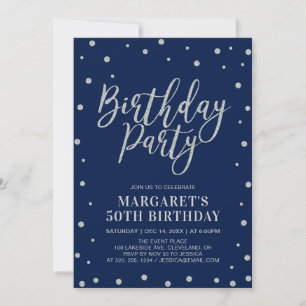 Invitation Confettis argentés et marine   Anniversaire adulte