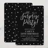 Invitation Confettis argentés et noir | Surprise d'anniversai (Devant / Derrière)
