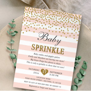Invitation Confettis Bébé Fille Rose Pâle Rayure Or