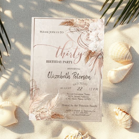 Invitation Confettis Boho Fleurs Pampas 30e Anniversaire