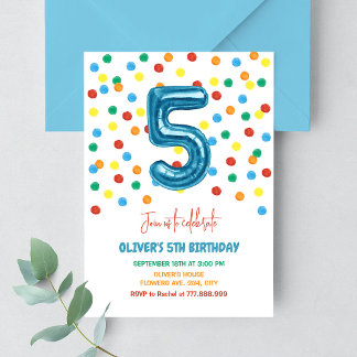 Invitation Confettis Colorés Cinq Ballon Anniversaire 5 Ans G