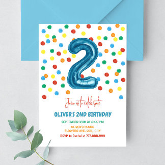 Invitation Confettis Colorés Deux Ballons 2ème Anniversaire G
