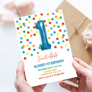 Invitation Confettis Colorés Un Ballon Anniversaire 1ère Anné